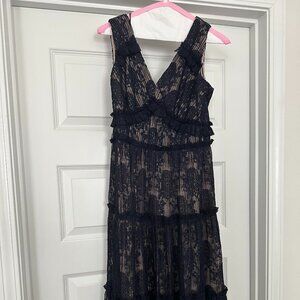 Maggy London Dress Navy Blue pleat lace tiered sheath- 6 Petite